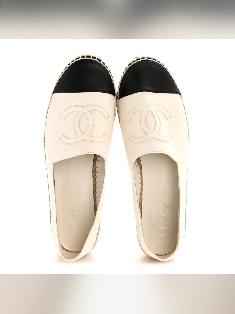 CHANEL Cream Leather Espadrilles with Black Cap Toe and CC Logo